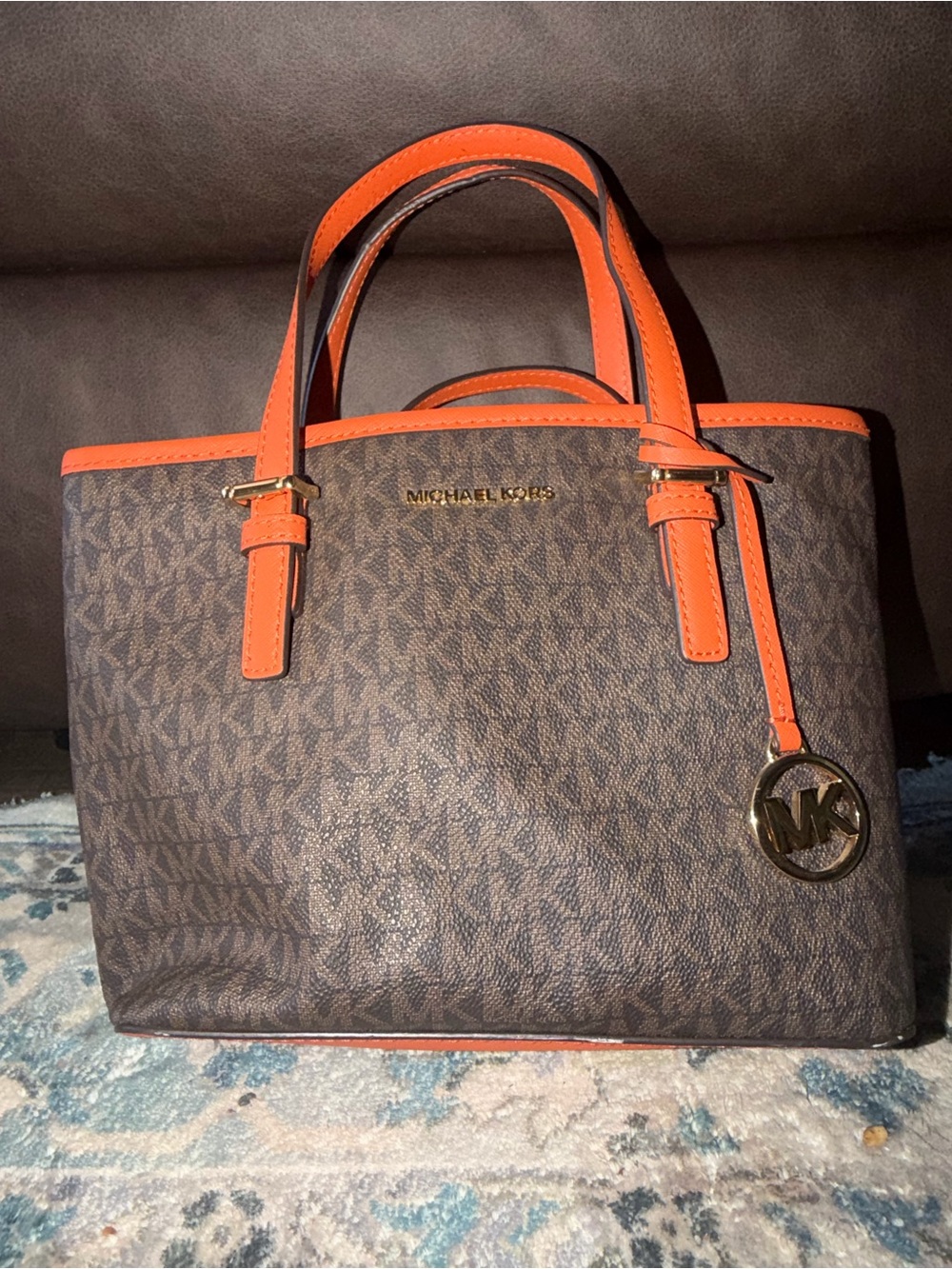Michael Kors Brown MK Logo Satchel with Orange Trim
